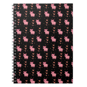 Cute Pig Piggy with Pink Heart Pattern Black Style Notebook