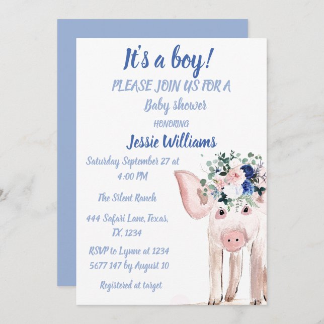 Cute Pig Piglet Farm Animals Blue Baby Boy Invitation (Front/Back)