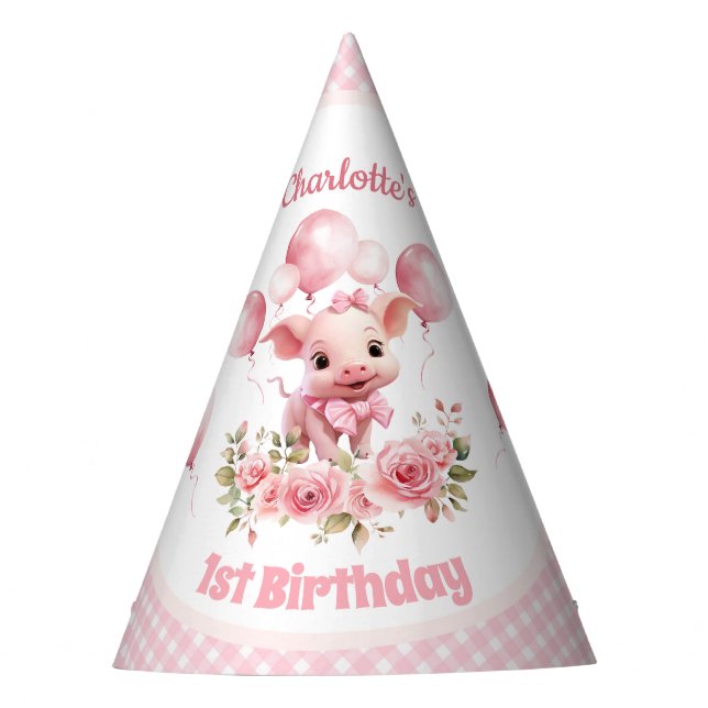 Cute Pig Pink Farm Girl 1st Birthday Party Hat (Front)