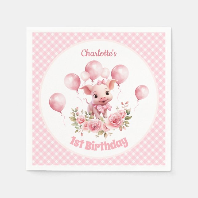Cute Pig Pink Farm Girl 1st Birthday Party Napkins (Front)