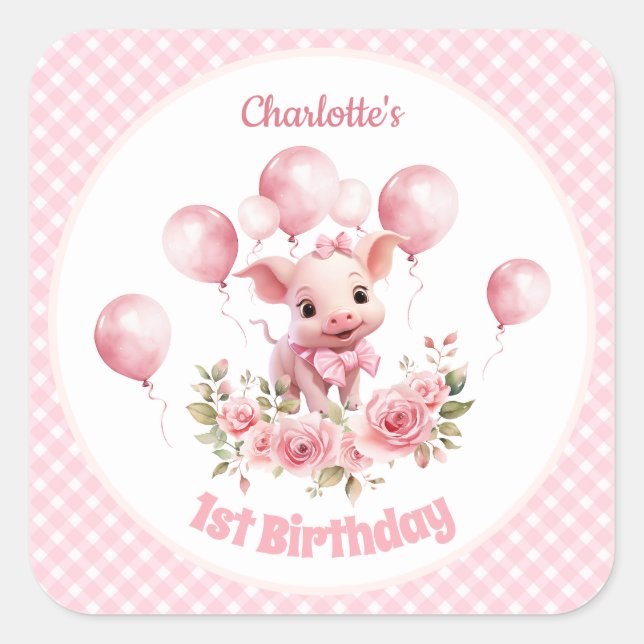 Cute Pig Pink Farm Girl 1st Birthday Stickers (Front)