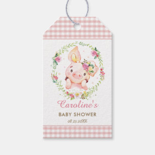 Cute Pig Pink Floral Baby Shower Birthday Gingham Gift Tags