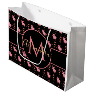 Cute Pig Pink Heart Funny Animal Monogram & Name   Large Gift Bag