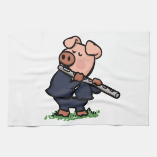 Cute Pig playing flute cartoon   choose back colou Tea Towel