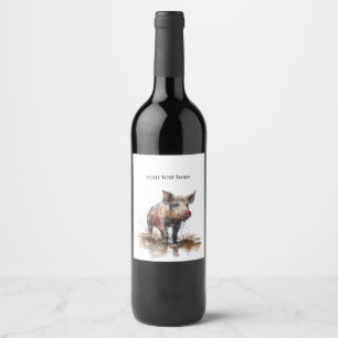Cute pig playing in a puddle of mud, customisable wine label