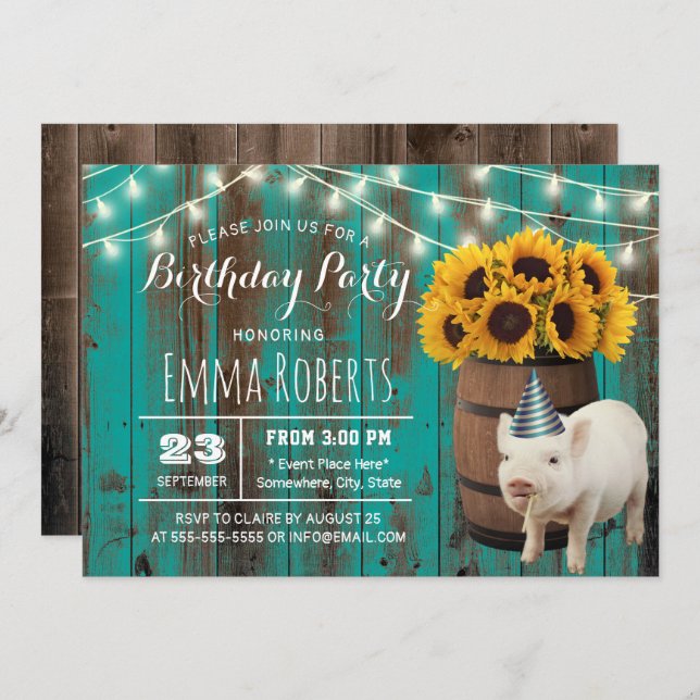 Cute Pig Rustic Sunflower Farm Animal Birthday Invitation (Front/Back)