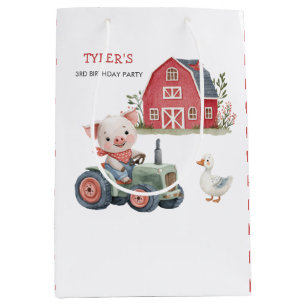 Cute Pig Tractor Farm Animal Birthday Party Medium Gift Bag