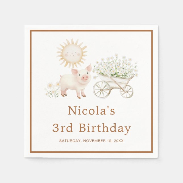 Cute Pig Wheelbarrow Birthday Napkin (Front)