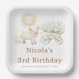 Cute Pig Wheelbarrow Birthday Paper Plate