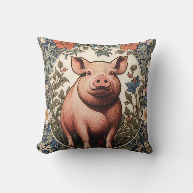 Cute Pig William Morris Inspired Cushion (Front)