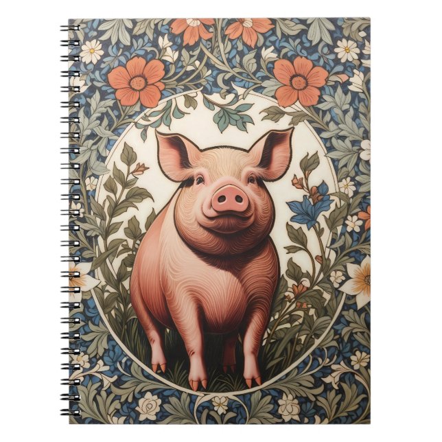 Cute Pig William Morris Inspired Notebook (Front)