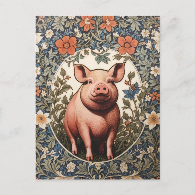 Cute Pig William Morris Inspired Postcard (Front)