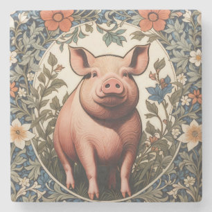 Cute Pig William Morris Inspired Stone Coaster