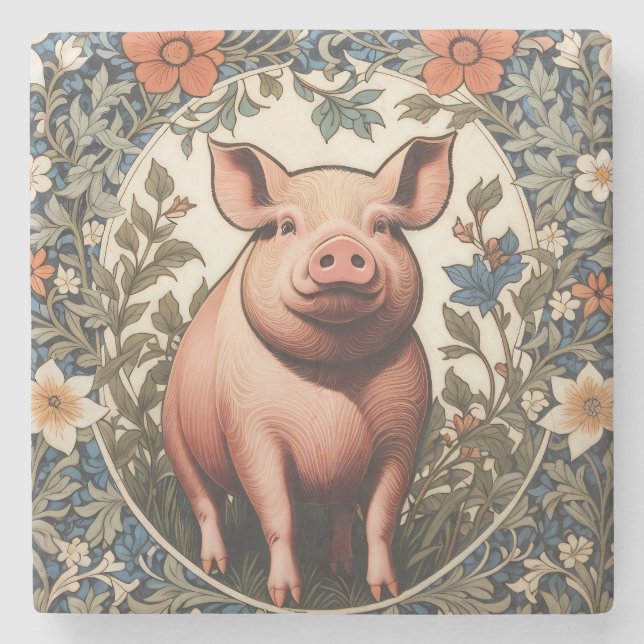 Cute Pig William Morris Inspired Stone Coaster (Front)