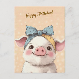 Cute Pig with Bandana Kids Birthday Invitation Postcard