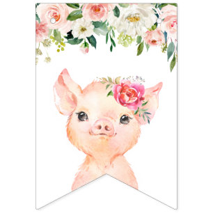 Cute Pig with Blush Pink Flowers Happy Birthday Bunting