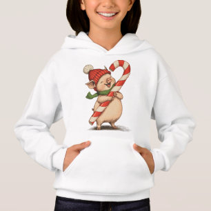Cute Pig with Candy Cane Kids Hoodie