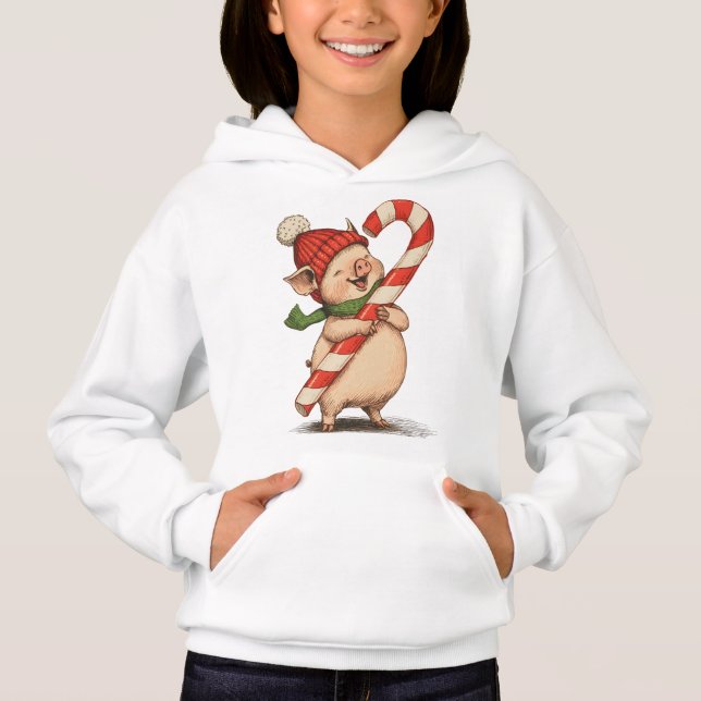 Cute Pig with Candy Cane Kids Hoodie (Front)