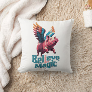 Cute Pig with Colourful wings   Believe in Magic  Cushion