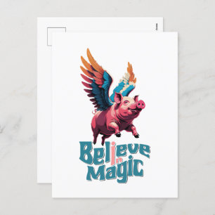 Cute Pig with Colourful wings Believe in Magic Holiday Postcard
