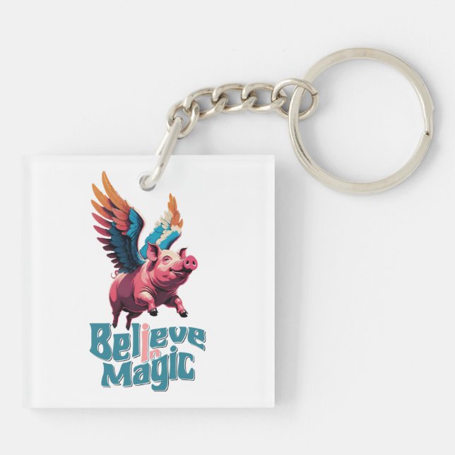Cute Pig with Colourful wings | Believe in Magic  Key Ring (Back)