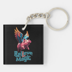 Cute Pig with Colourful wings Believe in Magic Key Ring