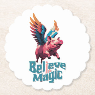 Cute Pig with Colourful wings Believe in Magic Paper Coaster
