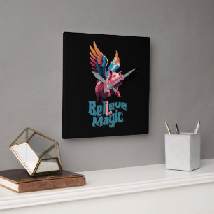Cute Pig with Colourful wings   Believe in Magic  Square Wall Clock