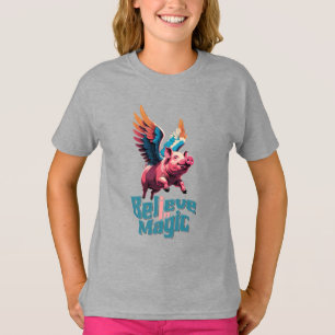 Cute Pig with Colourful wings   Believe in Magic  T-Shirt