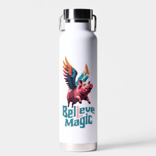 Cute Pig with Colourful wings   Believe in Magic  Water Bottle