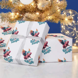 Cute Pig with Colourful wings   Believe in Magic  Wrapping Paper