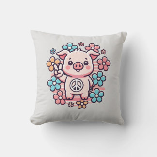 Cute Pig with Peace Sign & 70's Themed Flowers Cushion