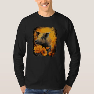 Cute pig with sunflower portrait orange and black  T-Shirt