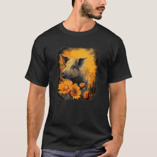 Cute pig with sunflower portrait orange and black  T-Shirt