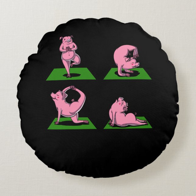 Cute Pig Yoga Poses Funny Farm Animals Round Cushion (Front)