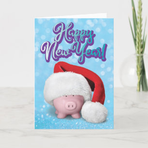 Cute Piggy Bank With Santa Hat New Year Card