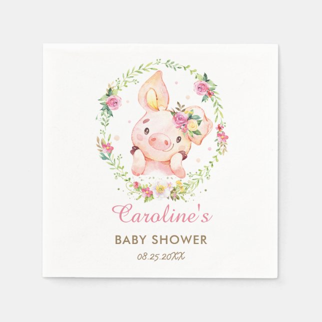 Cute Piggy Pig Pink Floral Baby Shower Birthday Napkin (Front)