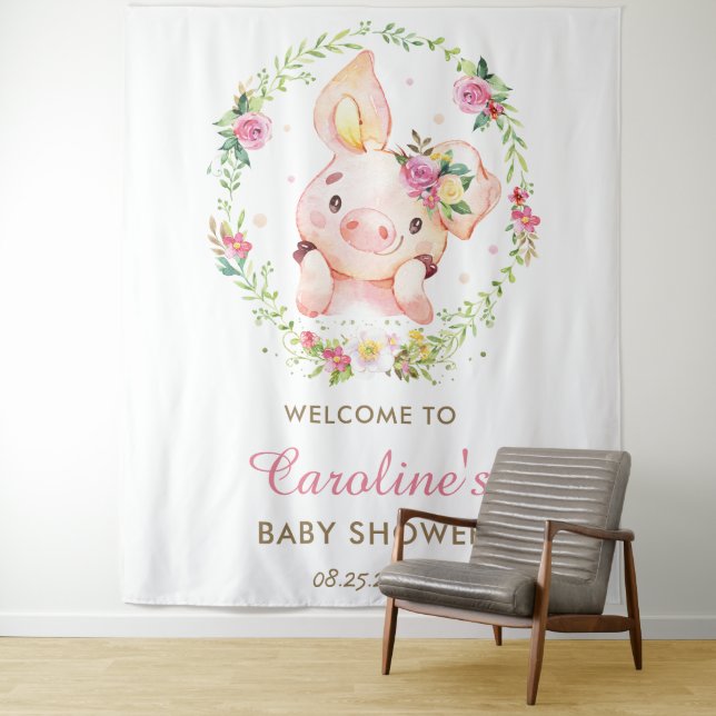 Cute Piggy Pig Pink Floral Baby Shower Welcome Big Tapestry (In Situ)