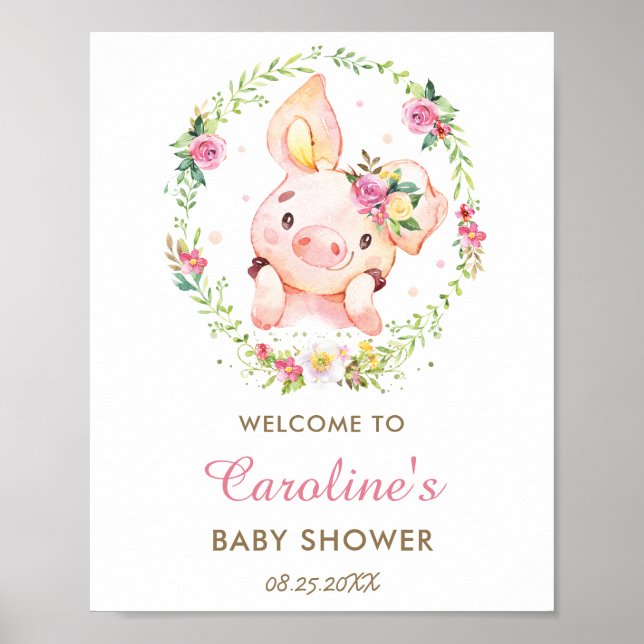 Cute Piggy Pig Pink Floral Baby Shower Welcome Poster (Front)