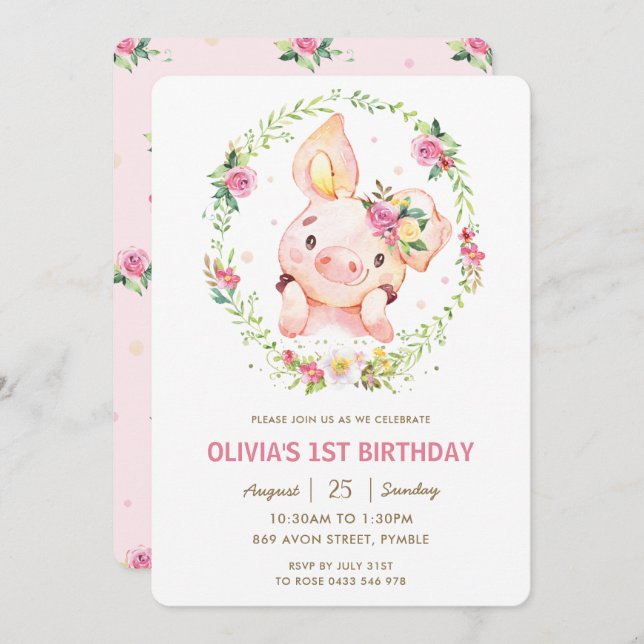 Cute Piggy Pink Floral Greenery Wreath Birthday  Invitation (Front/Back)