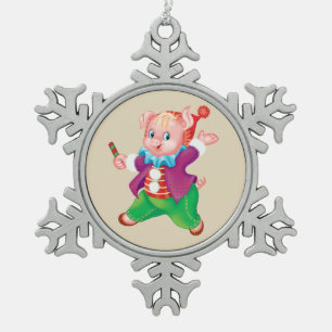 cute piggy snowflake pewter christmas ornament