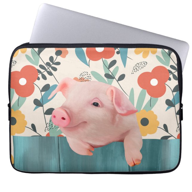Cute Piglet And Cheerful Blossoms Laptop Sleeve (Front)