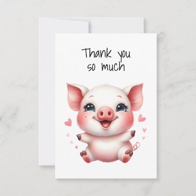 Cute Piglet and Pink Hearts Flat Thank You Card (Front)