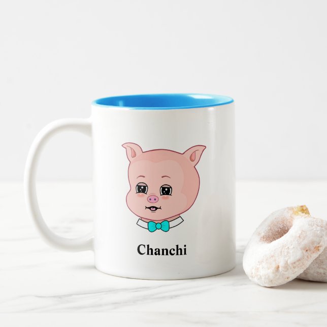 Cute Piglet Cartoon & Calligraphy Two-Tone Coffee Mug (With Donut)