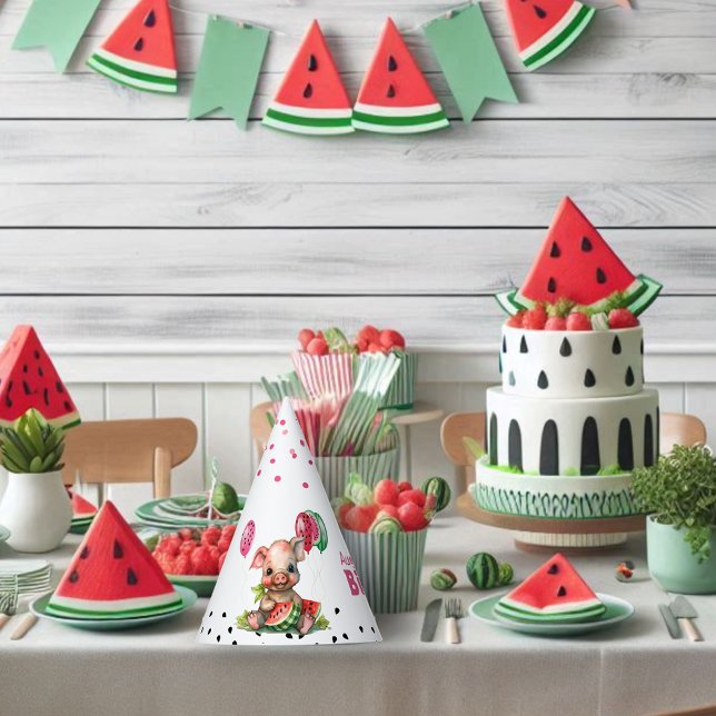 Cute Piglet Eating Watermelon Birthday Party Hat (Creator Uploaded)