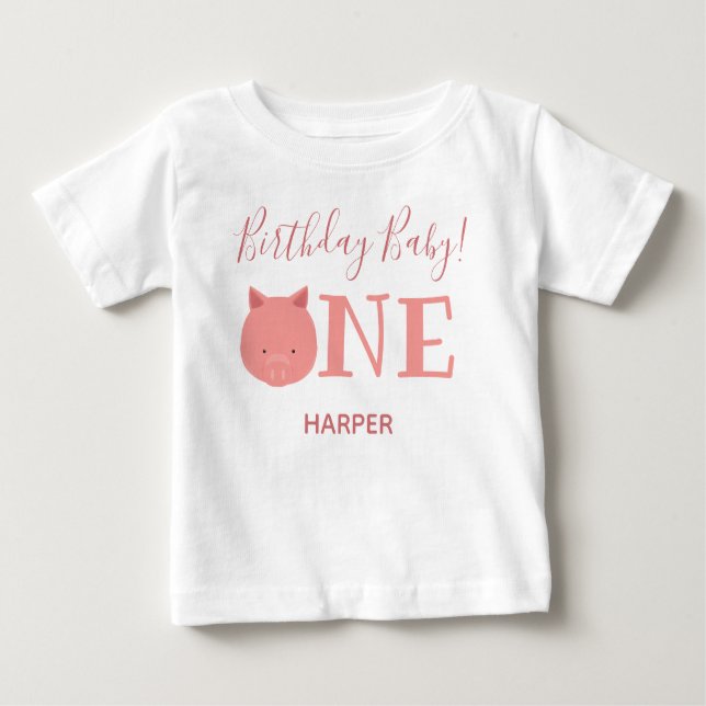 Cute Piglet One Name First Birthday Baby T-Shirt (Front)