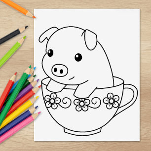 Cute Piglet Pig in a Teacup Colouring Page Rubber Stamp