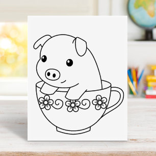 Cute Piglet Pig in a Teacup Colouring Page Rubber Stamp
