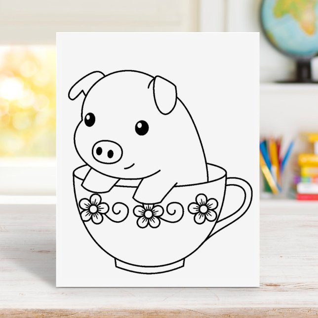Cute Piglet Pig in a Teacup Colouring Page Rubber Stamp (Creator Uploaded)
