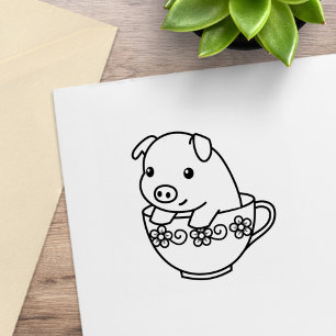 Cute Piglet Pig in a Teacup Rubber Stamp